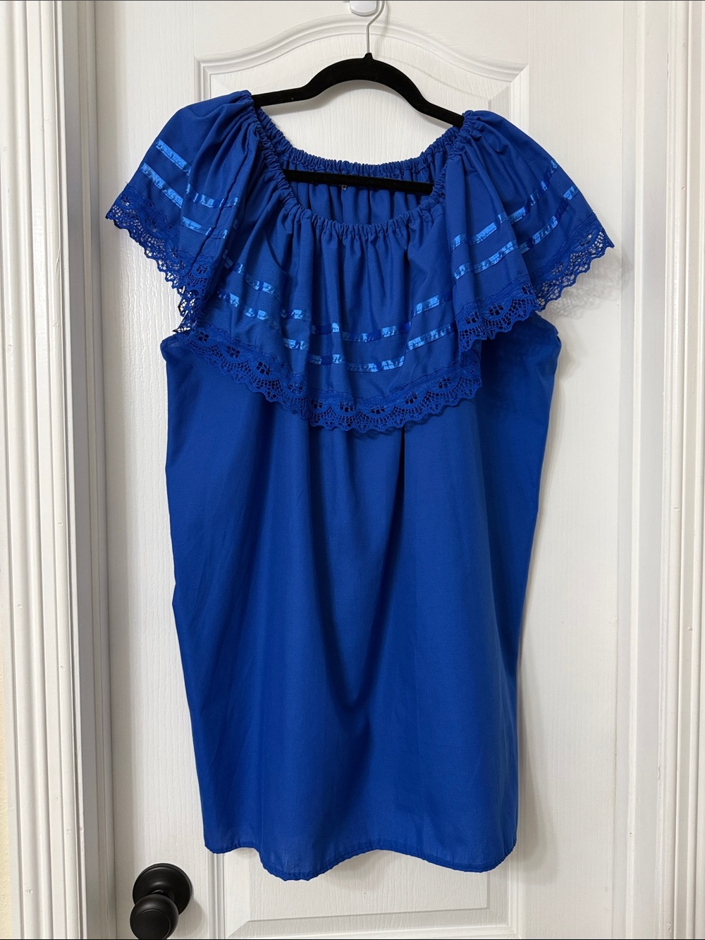 Royal Blue Mexican-style peasant top  ruffles lace trim ribbon Size XL